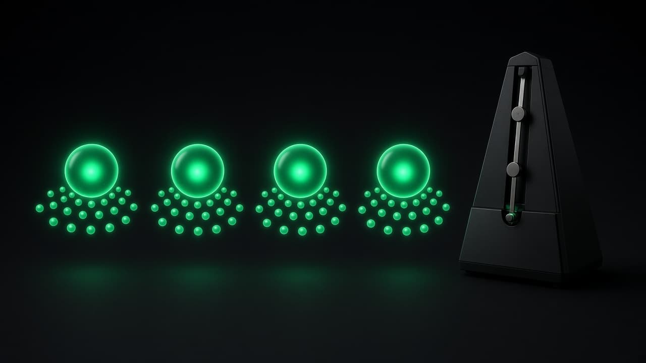 Pulsing beat circles split into smaller subdivisions beside a classic pendulum metronome
