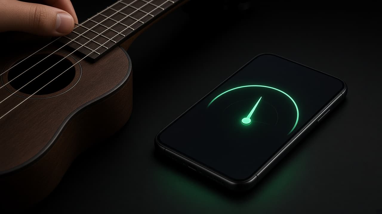 Hand plucking a ukulele string beside a phone tuner gauge centered in tune
