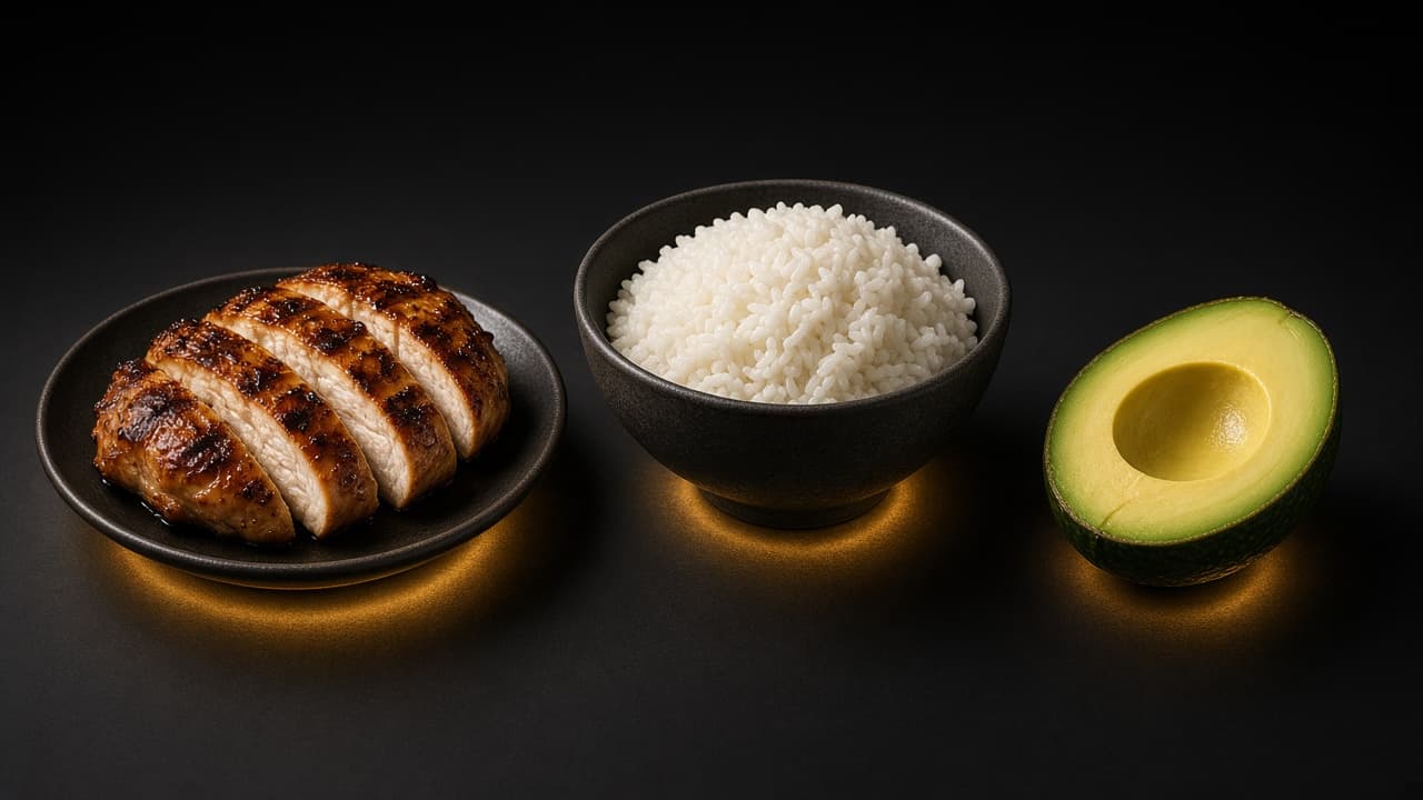 Grilled chicken, a bowl of rice and an avocado representing protein, carbs and fat