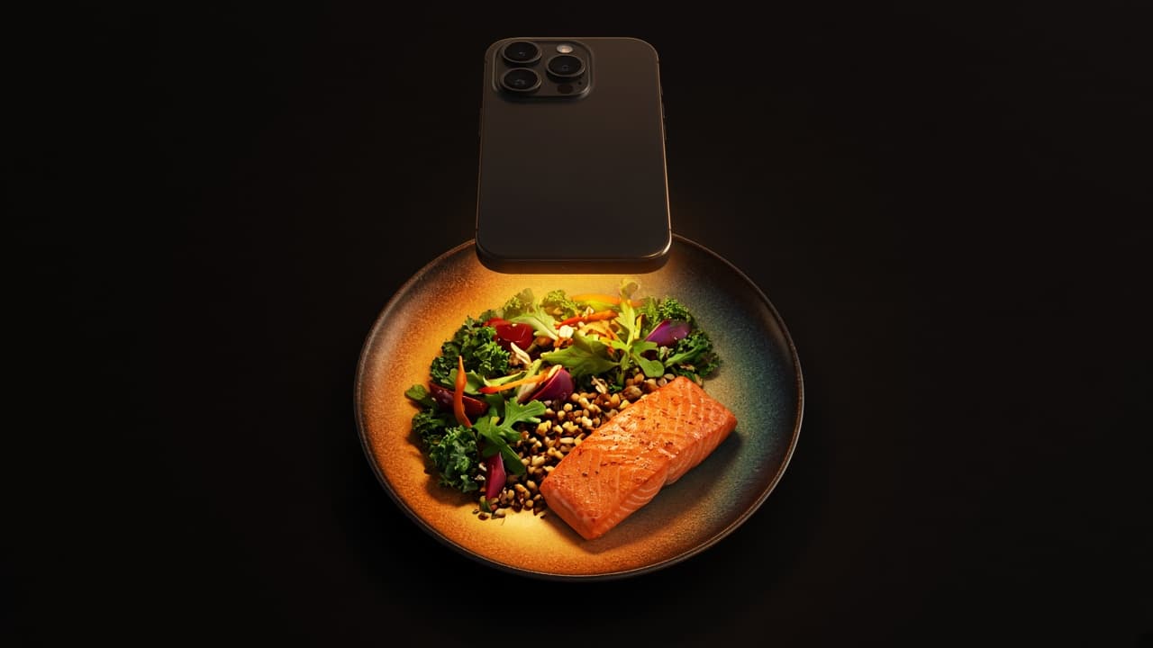 Smartphone photographing a plate of food from above for calorie logging