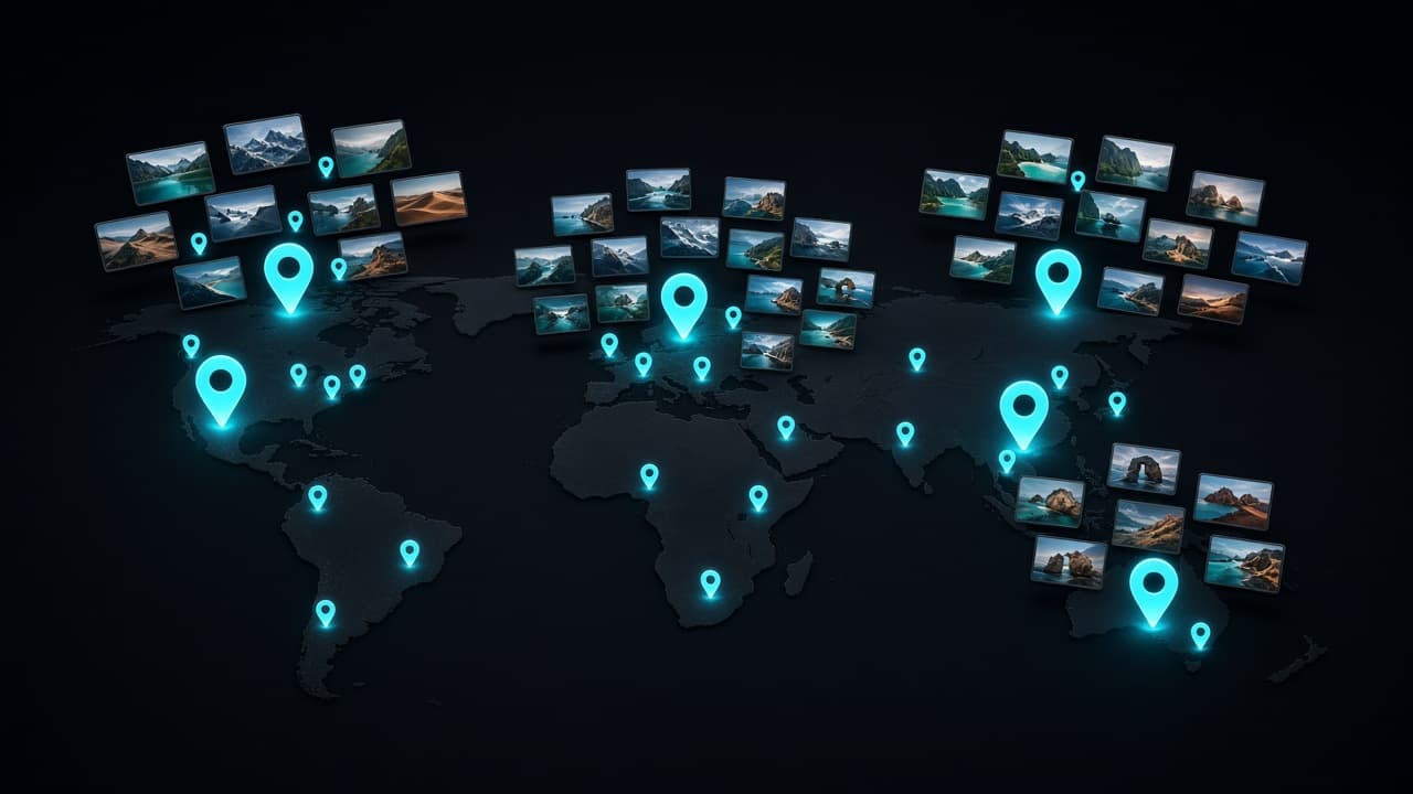 Photos floating above a dark world map, grouped into glowing country and city pins